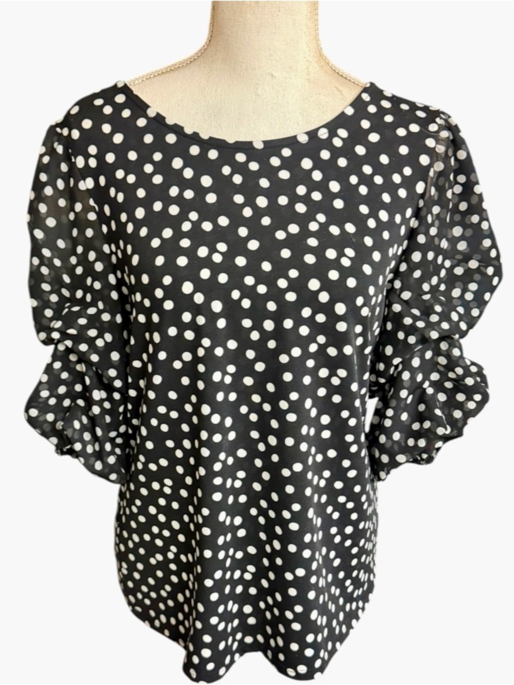 Perseption Concept Black White Polka Dot Sheer Ruffle Sleeve Top L
